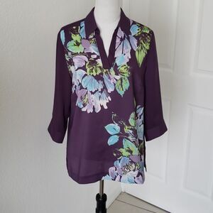 Chico's Floral Print V-Neck Collared Blouse